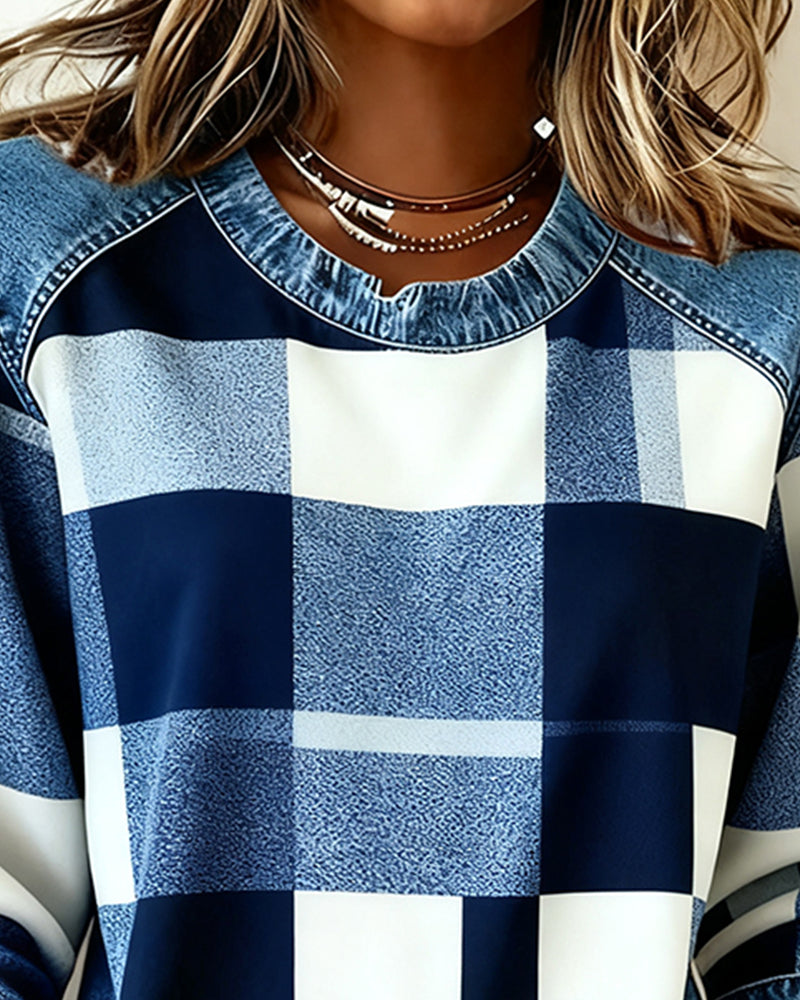 Susan® | Sweatshirt with Check Patchwork and Contrast Color