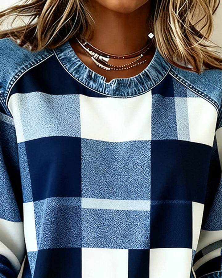 Susan® | Sweatshirt with Check Patchwork and Contrast Color