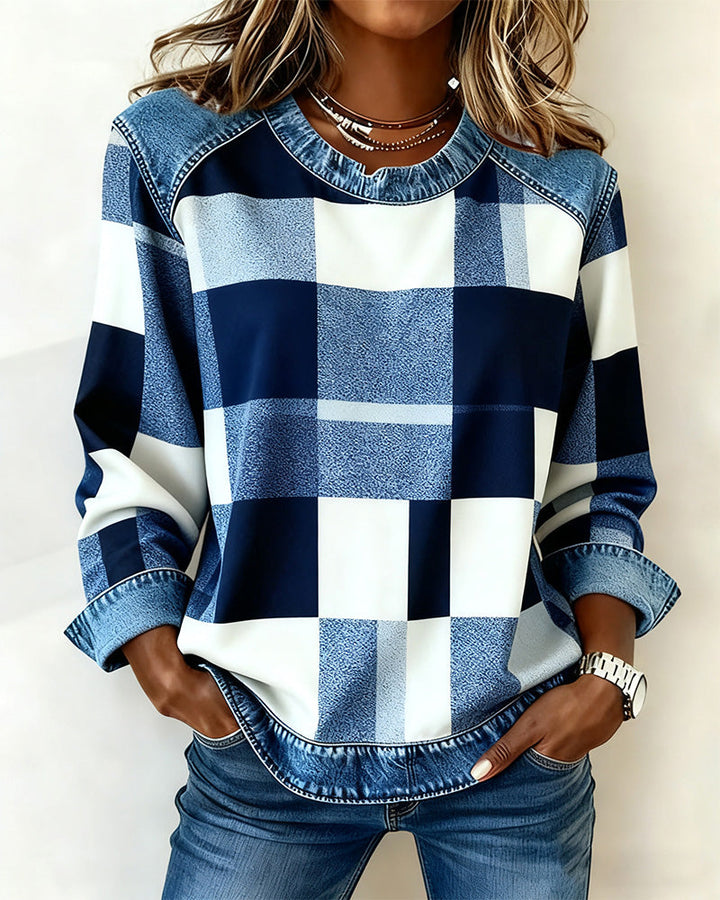 Susan® | Sweatshirt with Check Patchwork and Contrast Color