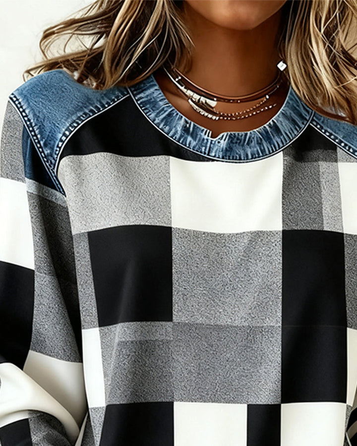Susan® | Sweatshirt with Check Patchwork and Contrast Color