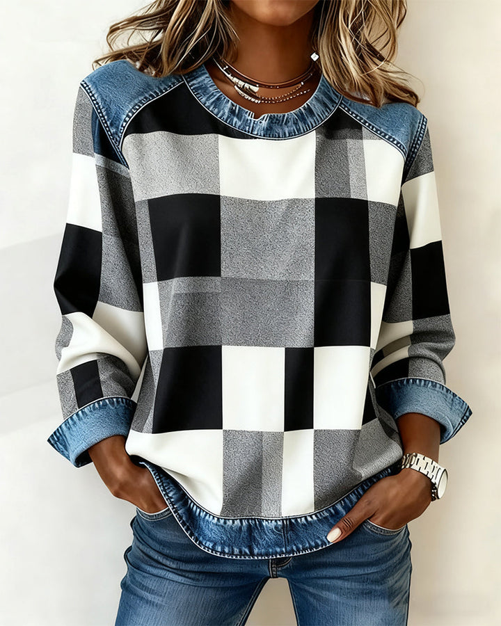 Susan® | Sweatshirt with Check Patchwork and Contrast Color