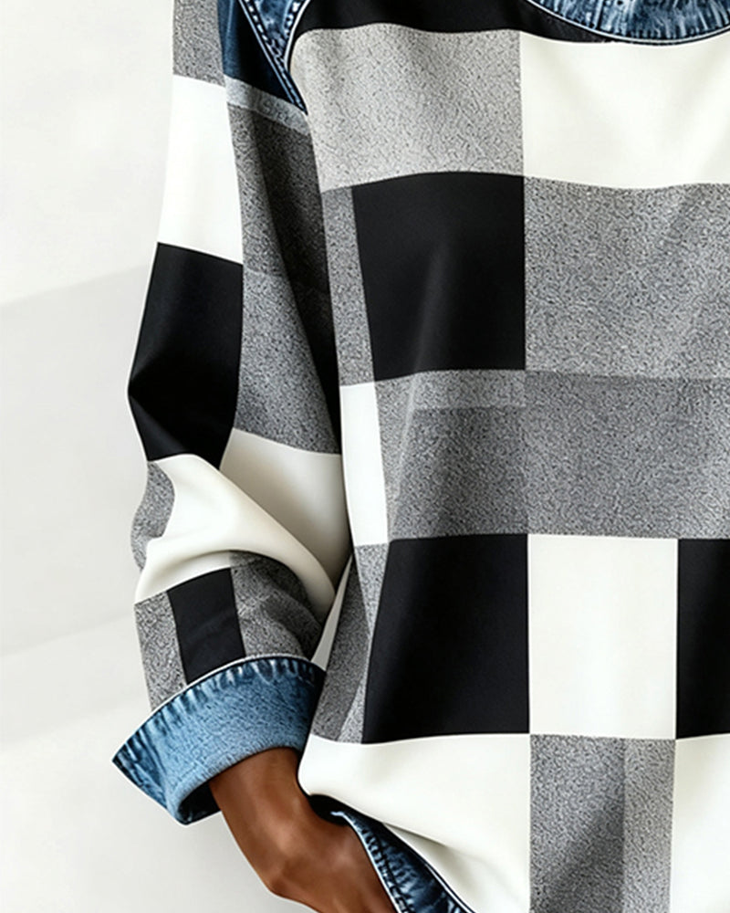 Susan® | Sweatshirt with Check Patchwork and Contrast Color