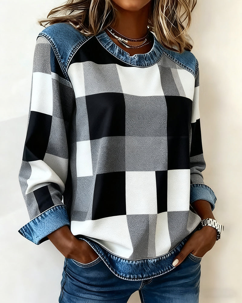 Susan® | Sweatshirt with Check Patchwork and Contrast Color