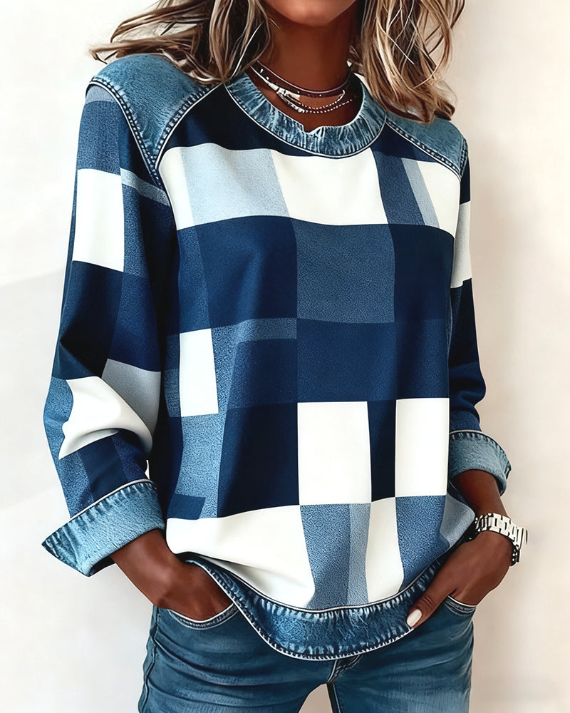 Susan® | Sweatshirt with Check Patchwork and Contrast Color