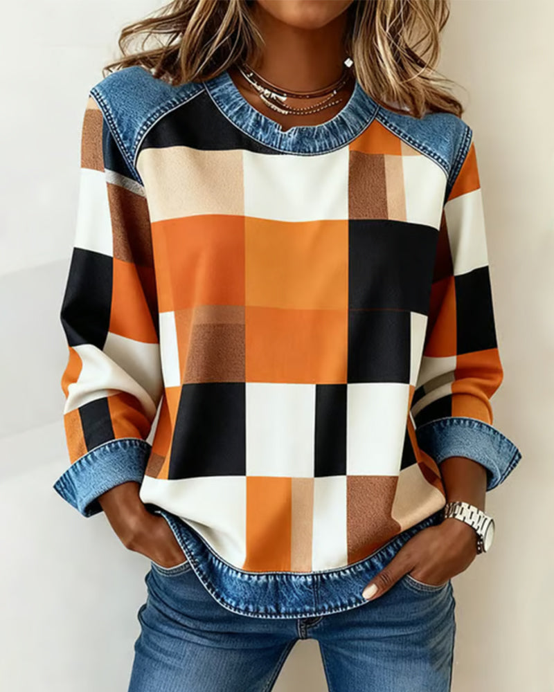 Susan® | Sweatshirt with Check Patchwork and Contrast Color