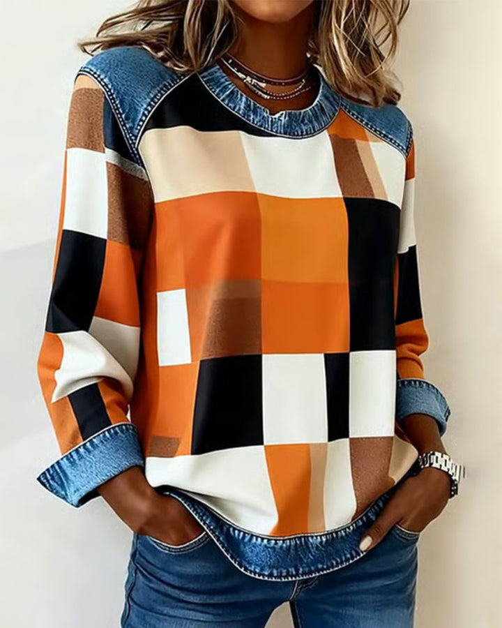 Susan® | Sweatshirt with Check Patchwork and Contrast Color