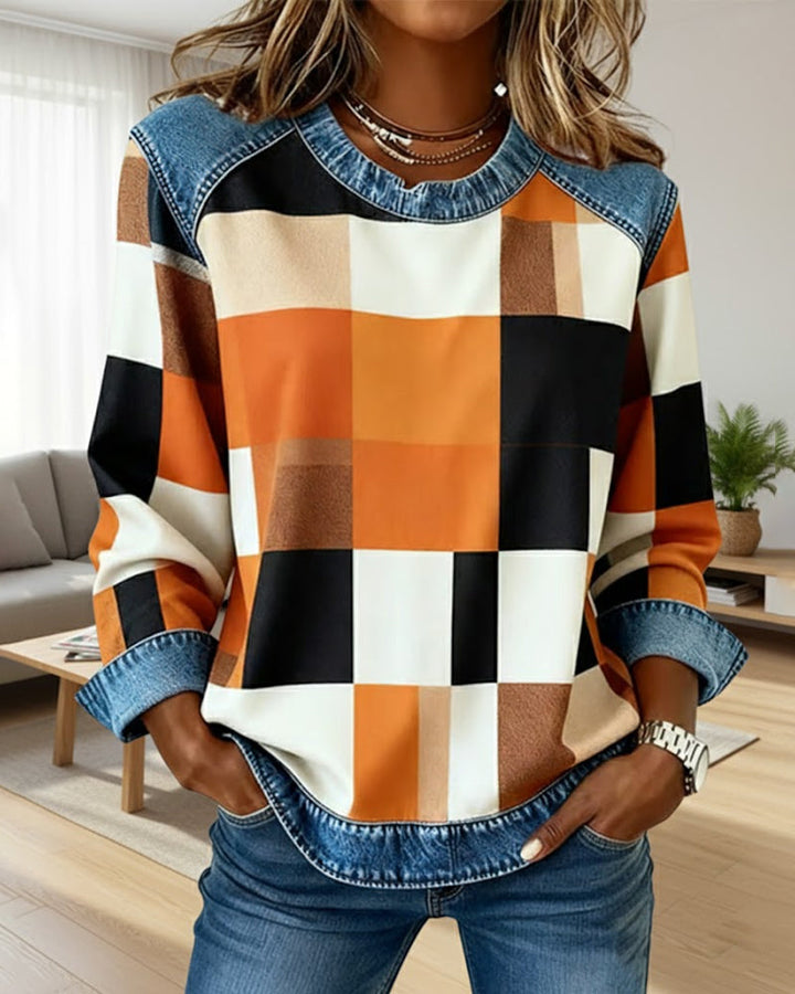 Susan® | Sweatshirt with Check Patchwork and Contrast Color